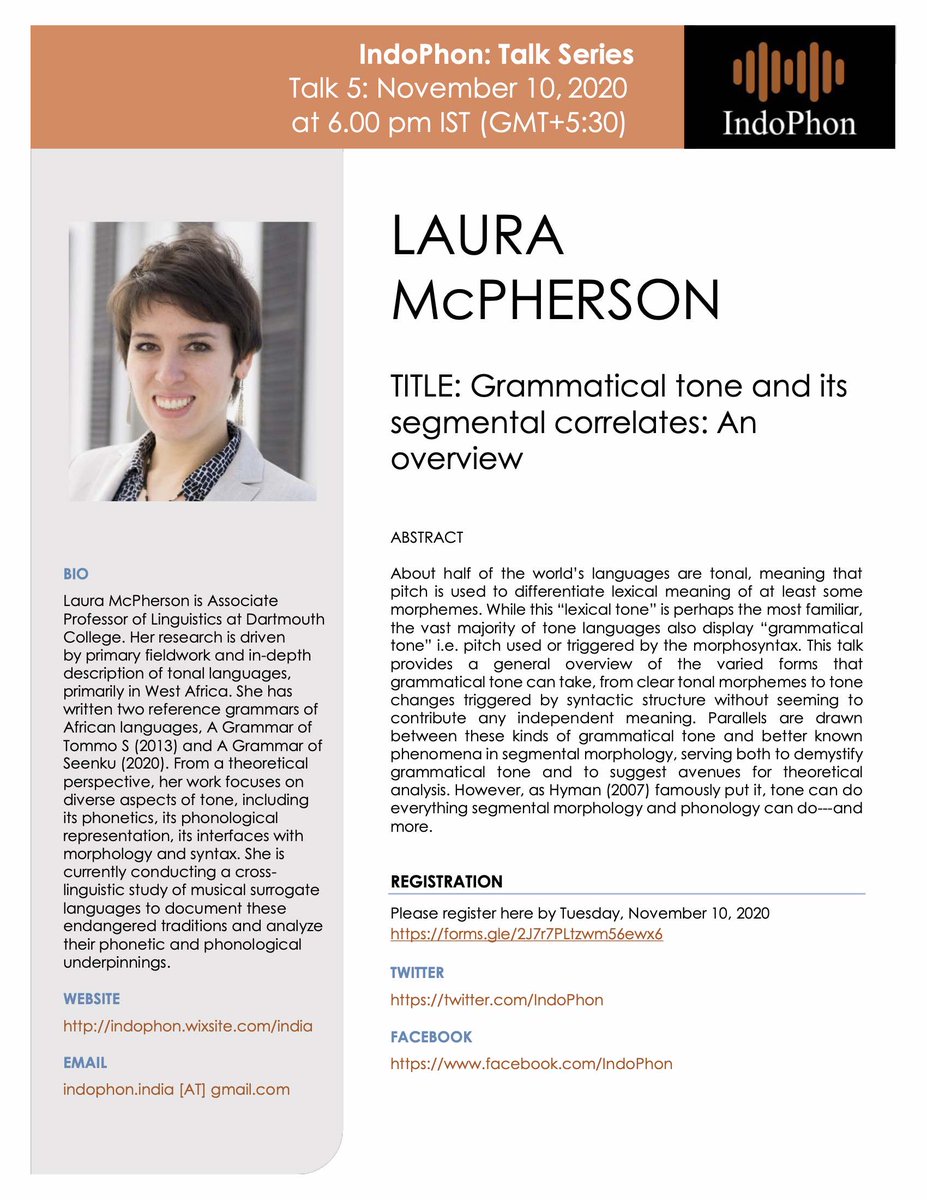 IndoPhon's tweet photo. Join us for the 5th @IndoPhon talk by Dr. Laura McPherson @FierceFieldwork (Dartmouth College) on Nov 10, 2020, at 6.00 PM IST (GMT+5:30). Follow @knowcoda to join discussions and collaborations. 

Registration open @ https://t.co/uvdQaWjitM https://t.co/5zQTfprmyu