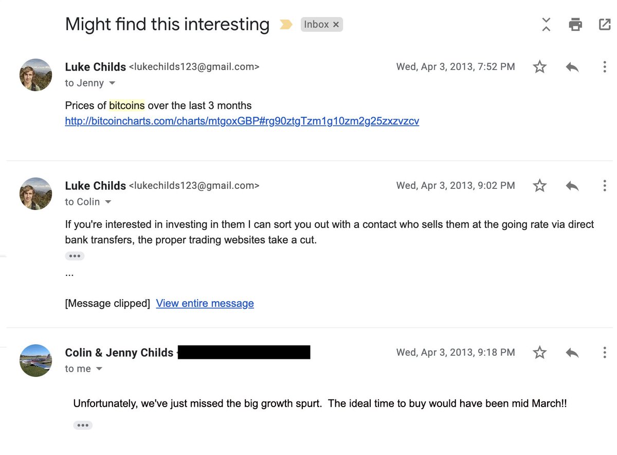 This is a thread to point your nocoiner friends to when they say that now isn't a good time to buy Bitcoin or that they're waiting for "the dip".So here's the first time I recommended buying Bitcoin to my Dad.Notice the date? That's April 3 2013, Bitcoin was around $100 then.