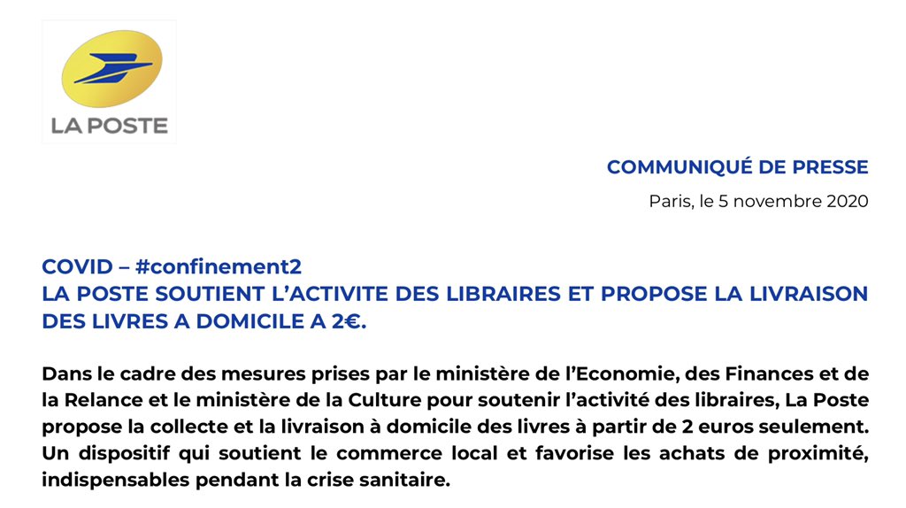 GroupeLaPoste's tweet photo. #COMMUNIQUE | #LaPoste soutient l’activité des libraires et propose la livraison des livres à domicile à 2€ 📚
https://t.co/51WQXDjLNa #TousEngagés #Presse https://t.co/FefqbA9tVS