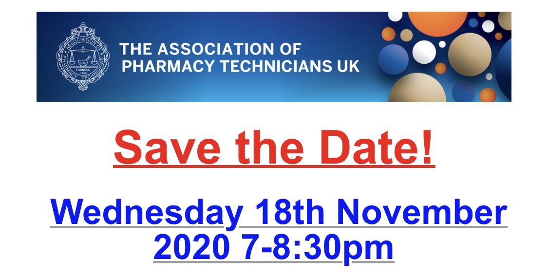 APTUKLnd's tweet photo. #pharmacytechnicians! @APTUK1 are holding their first National Virtual Branch Meeting on 18/11/2020! #APTUKLND will be hosting! Add the date into your diaries! Details on how to book your place coming soon! 😀
#joinus #eaad #WAAW2020 https://t.co/kRCiB0DwkG