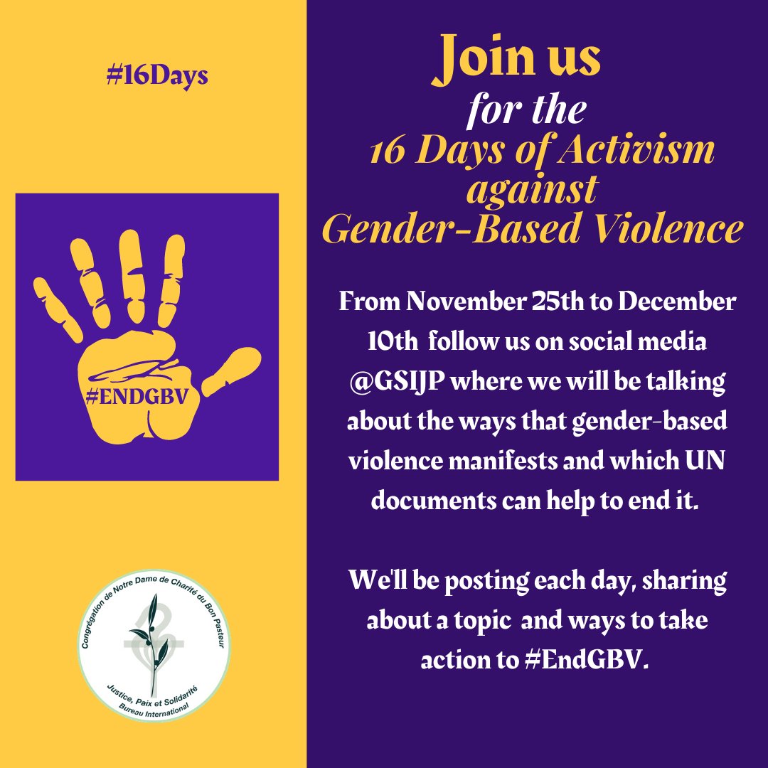 gsijp's tweet photo. Join us for the 16 Days of Activism against Gender-Based Violence from November 25th to December 10th. 

We'll be posting daily on our social media about the ways that gender-based violence manifests and how we can take action against it and #EndGBV. 
 #16days. https://t.co/19bLDsq9jr