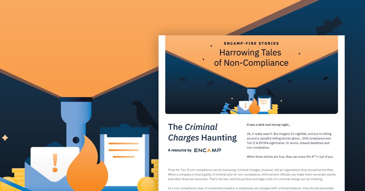 EncampHQ's tweet photo. Fines for Tier II non-compliance can be menacing. Criminal charges, however, tell an organization they should be 😱.
Read our latest Encamp-fire story to learn how you can keep your business safe and sound.
https://t.co/Y0is3z9G8U
#ehs #ehs2020 #environmentalcompliance https://t.co/QLlB860z75
