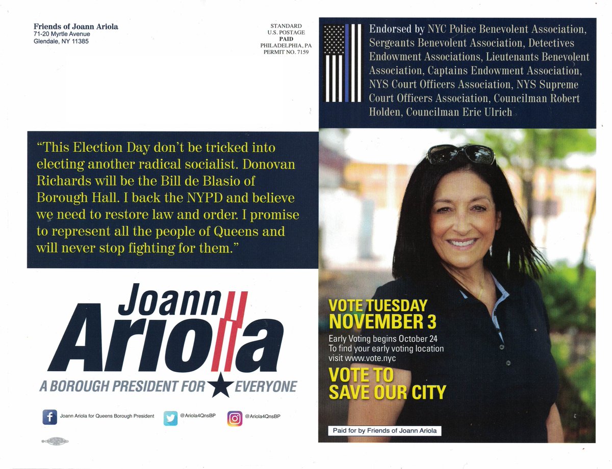 Here are some Queens County GOP / campaign mailers fearmongering about crime and radical socialism in the Queens BP race. (Friends of Joann Ariola = Queens County GOP.)