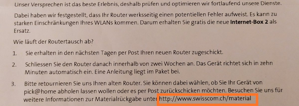 AndiGlaus's tweet photo. Liebe @Swisscom_de,
wie soll mein Nachbar, welcher einen Router als Ersatz für die Analog Telefonie hat und Internet nur aus den Medien kennt, zu den Informationen zur Materialrückgabe kommen? #keineKontaktangaben #Routerzwang #Rückantwortschein #servicepublic #wirallewerdenalt https://t.co/QR8KfLBFmq