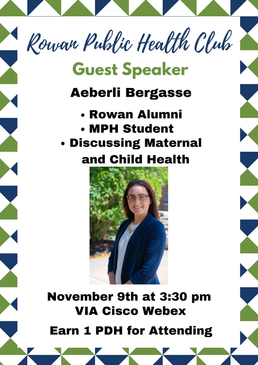 RowanPubHealth's tweet photo. Come join us on Monday and hear from guest speaker, Aeberli Bergasse, discuss graduate school and maternal and child health. Join here: https://t.co/nmhkPjqADq https://t.co/ibrPRH33Mo