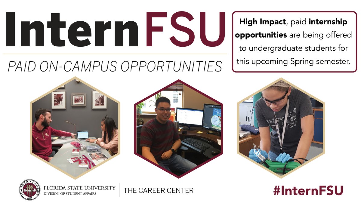 FSUCareerCenter's tweet photo. #InternFSU has 1️⃣0️⃣0️⃣ paid internship positions on campus (in person and remote) for the Spring 2021 Semester!
There are opportunities for undergraduates from all majors.
Apply before next Sunday!
Apply➡️ https://t.co/6b0xwjO9pQ
#DesignYourCareer https://t.co/HIH4Ids1xP
