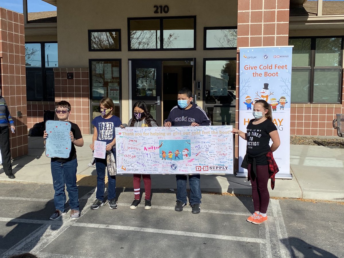 JeffJdillon's tweet photo. Students showing appreciation to Optum of Idaho for the Give Cold Feet the Boot donation of boots for all elementary school students https://t.co/iMvx0slsGY