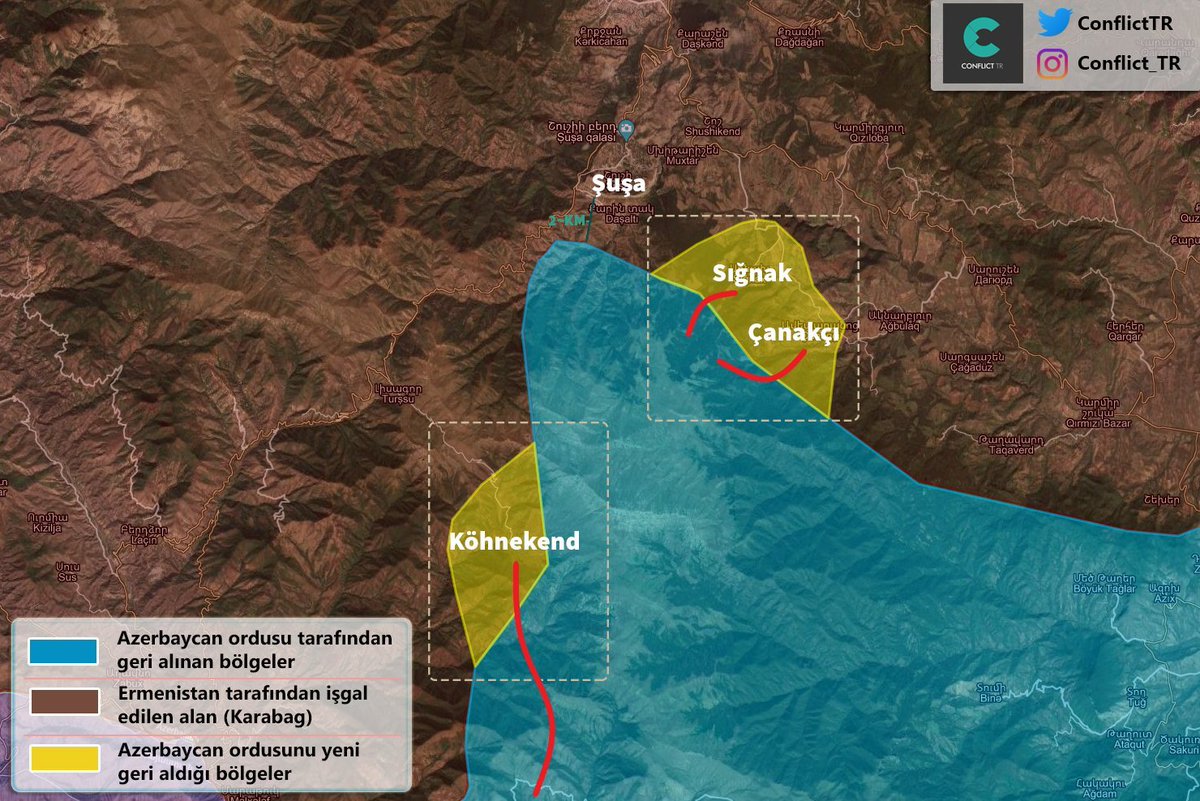 MENAIntelligen1's tweet photo. Current situation in #NagornoKarabakh as #Azerbaijan-i armed forces are 1km away from the entrance of Shushi town. A counter attack is expected by pro #Armenia separatists backed by #Russia, but considering what we have seen these past few weeks their cause is hopeless. https://t.co/bSWut0QlqZ