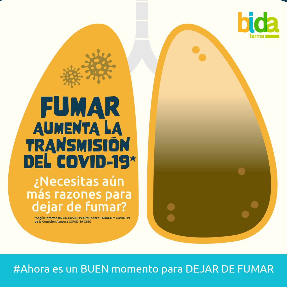 BidaFarma's tweet photo. Fumar es malo para tu salud y para los que te rodean, pero además aumenta la transmisión de la #covid19.

¿Necesitas más excusas para dejarlo🚭🚭🚭?

Acude a tu farmacia más cercana y te ayudarán a abandonar el tabaco: ya no hay excusas.

#AhoraBidafarma #FarmaciaSinHumos https://t.co/AIKl2LajWO