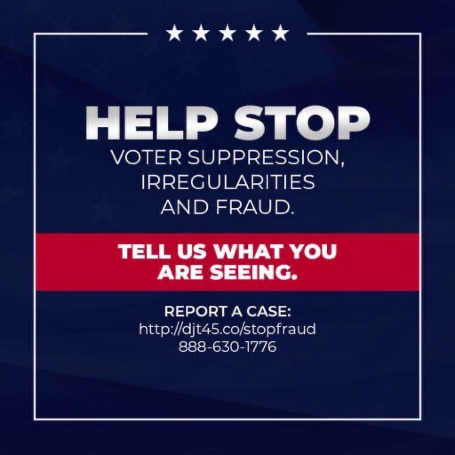 DonaldJTrumpJr's tweet photo. 🚨🚨🚨 The amount of FRAUD being reported in Pennsylvania, Michigan, Nevada, Georgia and Wisconsin is unreal. Please report personal experiences. Please have all facts and evidence. #StopTheSteal https://t.co/2XKGGxQA2a