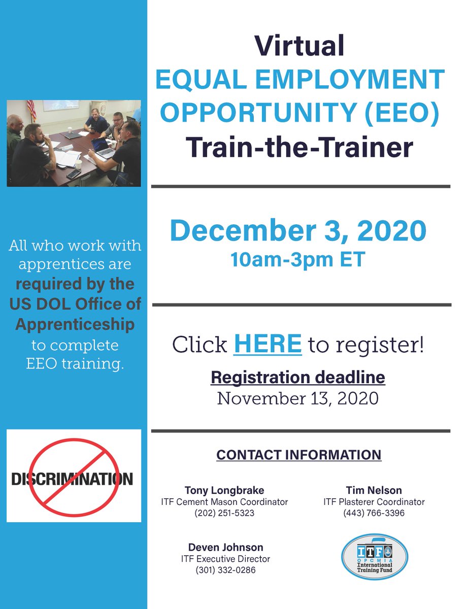 OPCMIATraining's tweet photo. Due to the overwhelming response for December 2, 2020 Virtual EEO Train-the Trainer, the OPCMIA-ITF has decided to host an additional Virtual EEO Train-the-Trainer on December 3, 2020 from 10 a.m.-3 p.m. EST. https://t.co/cz9IFX1Knl