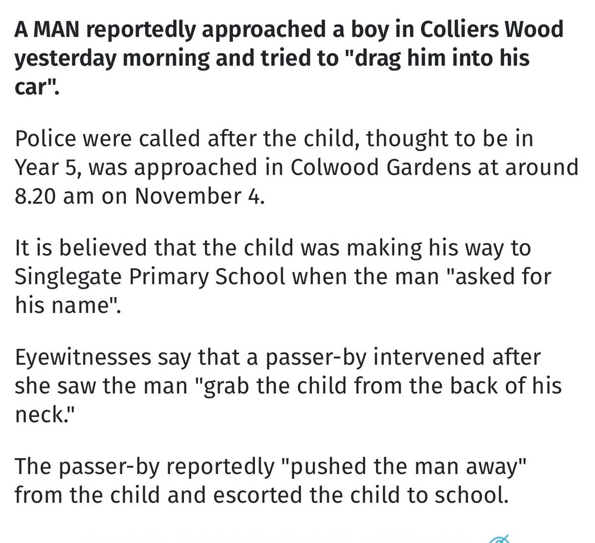 EVERYONE PLEASE RT/ SHARE ETC. 
The little girl’s attempted abduction was 2 days ago &amp; now in the same area a school boy was dragged into a car yesterday morning in the same area!!!! 
⚠️ ⚠️ ⚠️