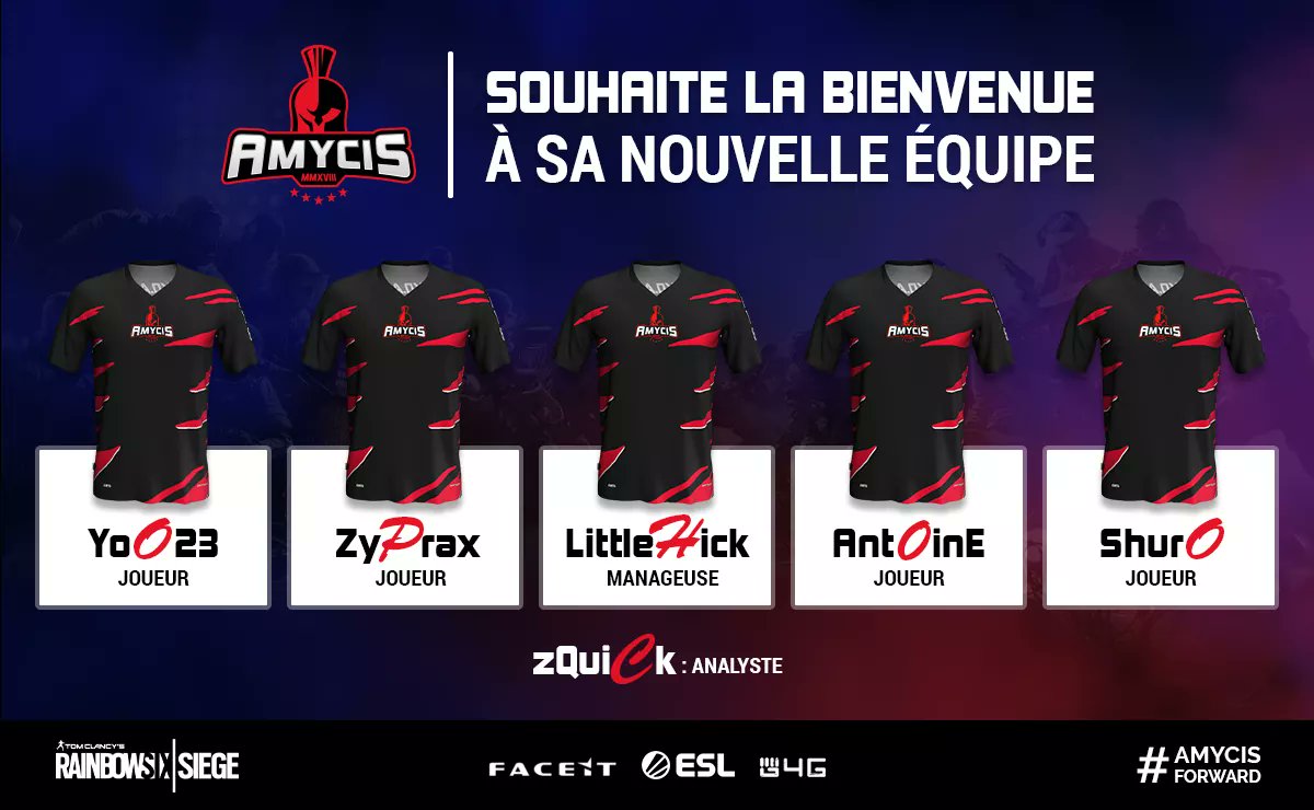 AmycisTeam's tweet photo. La Amycis E-sport souhaite la bienvenue à sa nouvelle équipe, évoluant sur rainbow six siège ! Longue route à eux parmi nous !! 💪
@LittleHicksL @YooPlay93 @ZypraX @antoine_fail @LeseigneurAdri @zQuick_Os https://t.co/E2L1UZbjwL