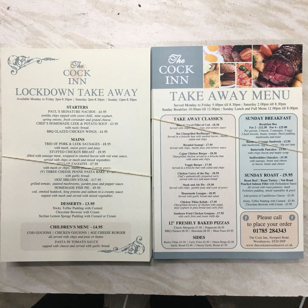 Paul at The Cock Woodseaves is offering take aways see menus below
