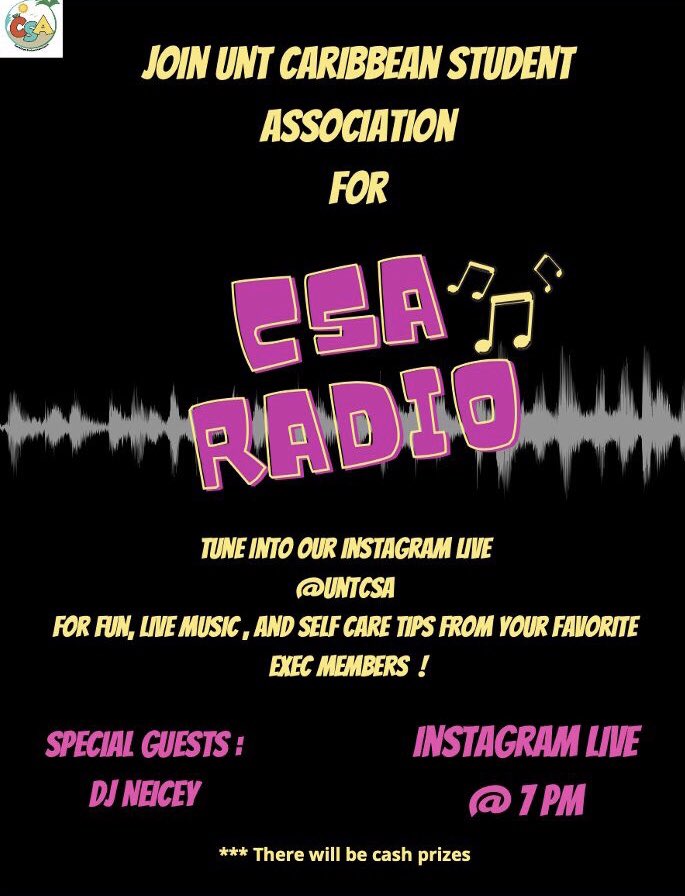 UNTCSA's tweet photo. Join our Instagram live TONIGHT 7pm for CSA RADIO!! 📻🥳🥳
We have some interesting topics to talk about with allyuh as well as
🎯Fun entertainment🥳
🎯Live music (by DJ NEICEY)
🎯Self-care tips🧘🏽♀️‼️
🎯CASH PRIZES 💰💰💰
You don’t want to miss this event!
#UNT #UNTCSA https://t.co/g089N8CUo2