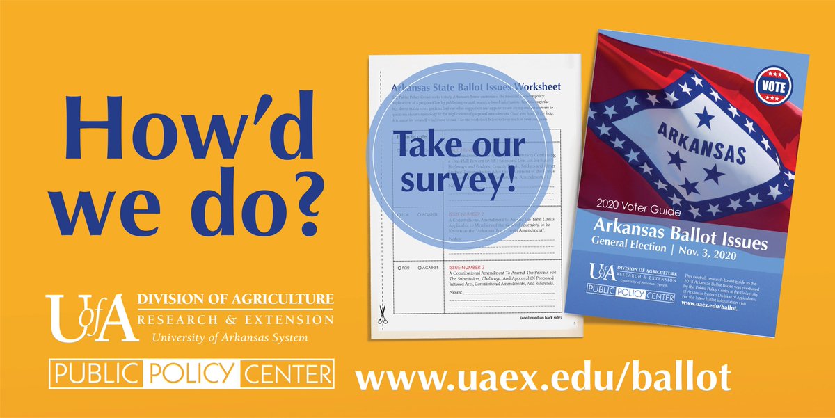 terriejames's tweet photo. Did you read our 2020 Arkansas Ballot Issue Voter Guide? Watch our videos? Go to our website? How did we do? We want your feedback! Take our survey at https://t.co/N56XofTSbr

#ARballot #Arkansas #BallotIssues #VoterGuide #Survey @uaex_ppc https://t.co/RGN25bOggM