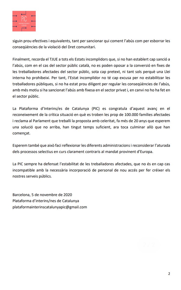 PicInterins's tweet photo. 🔈🔈🔈🔈 NOTA DE PREMSA DE LA PIC DE 5/11/2020: El Ple del Parlament de Catalunya reconeix x unanimitat l'abús de temporalitat a personal interí i temporal x part de les AP #FijezaYa #ContigoYlosTuyos
👇👇👇👇👇👇👇👇👇👇👇 https://t.co/GWkJPD642a