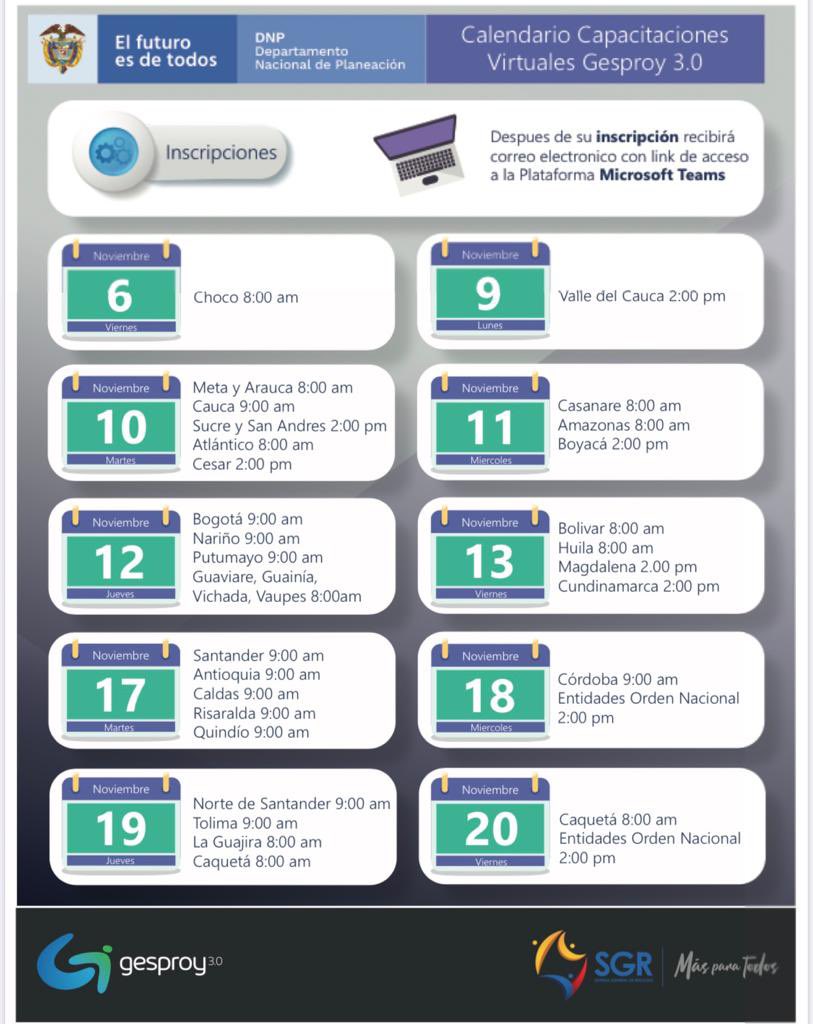 Regalias_gov's tweet photo. Conozca el calendario de capacitaciones virtuales del nuevo Gesproy 3.0, inscríbase en https://t.co/0AKfztvRa1 por correo recibirá el link de acceso. Próximas jornadas 6 de noviembre en #Choco y 10 en #Meta #Arauca #Cauca #Cesar @Atlantico #Sucre y #SanAndresYProvidencia https://t.co/qjXCgc6sjT