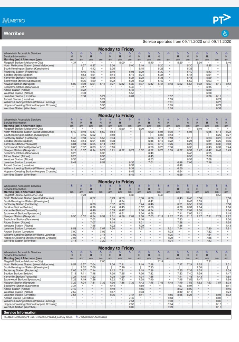 craig_halsall's tweet photo. Still unclear about @metrotrains #WerribeeLine / #WilliamstownLine replacement buses on Mon 9-11
@ptv_official website online timetables show buses between City & #Newport plus #AltonaLoop
Online articles suggest buses #Newport to #Laverton only π€
@danielbowen @aussiewongm https://t.co/V5zvLYGZib