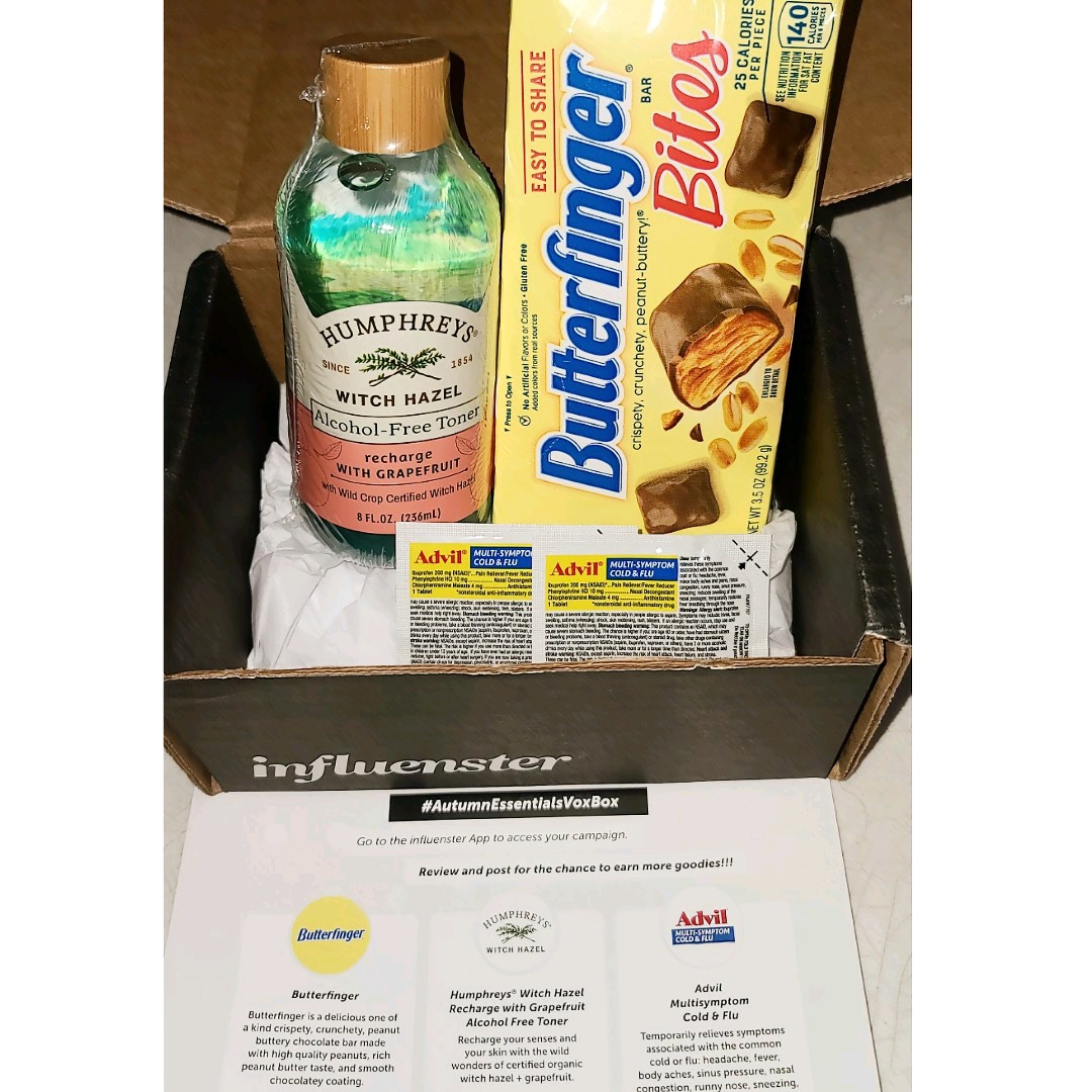 🍁 𝗔𝘂𝘁𝘂𝗺𝗻 𝗘𝘀𝘀𝗲𝗻𝘁𝗶𝗮𝗹𝘀 𝗩𝗼𝘅𝗕𝗼𝘅 🍁
Butterfinger Bites-Delicious &amp; crunchy
Advil Multi-symptom-Cold &amp; flu season fighter
Humphreys Witch Hazel-Organic Toner keeps my skin clear
Thanks <a href="/influensters/">Influensters Media</a> #complimentary #butterfinger #cancelyourcold #alwaysbewildandfree