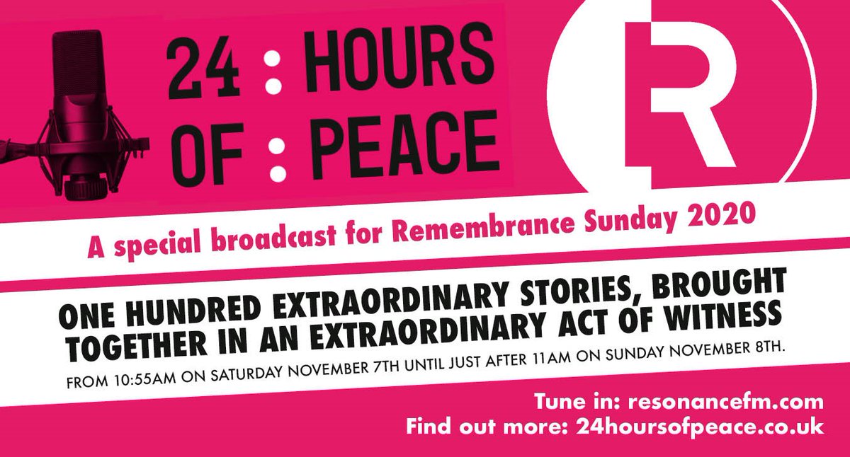 24 Hours of Peace (@24hoursofpeace) on Twitter photo Join us this Saturday for an extraordinary act of witness.
#24HoursOfPeace will be on <a href="/ResonanceFM/">Resonance FM</a> from 11am November 7th until 11am on #RemembranceSunday
100 stories, 48 performers, 24 hours 🕊 Join us this Saturday for an extraordinary act of witness.
#24HoursOfPeace will be on <a href="/ResonanceFM/">Resonance FM</a> from 11am November 7th until 11am on #RemembranceSunday
100 stories, 48 performers, 24 hours 🕊