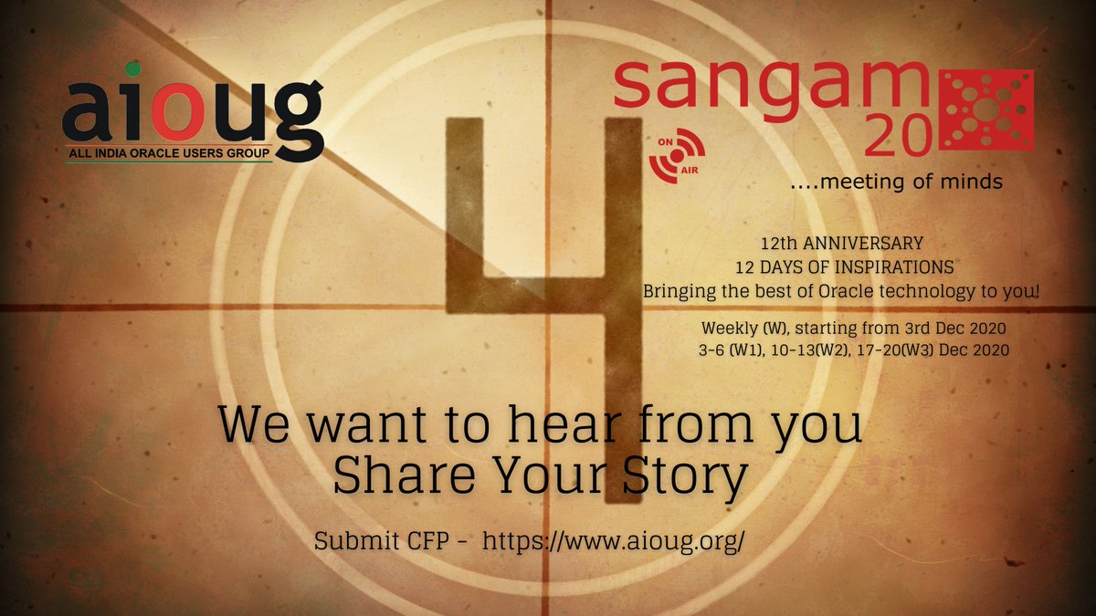AIOUG's tweet image. DON'T KEEP CALM ONLY 4 DAYS LEFT!
Submit your brilliant presentation idea today!
CfP ends 10-NOV-2020!
Submit Now aioug.org
#sangam20 #Oracle #oraclecloud #oracleusers #oraclecustomers #database @Oracle @OracleDatabase @OracleCloud @oracleace
@groundbreakers