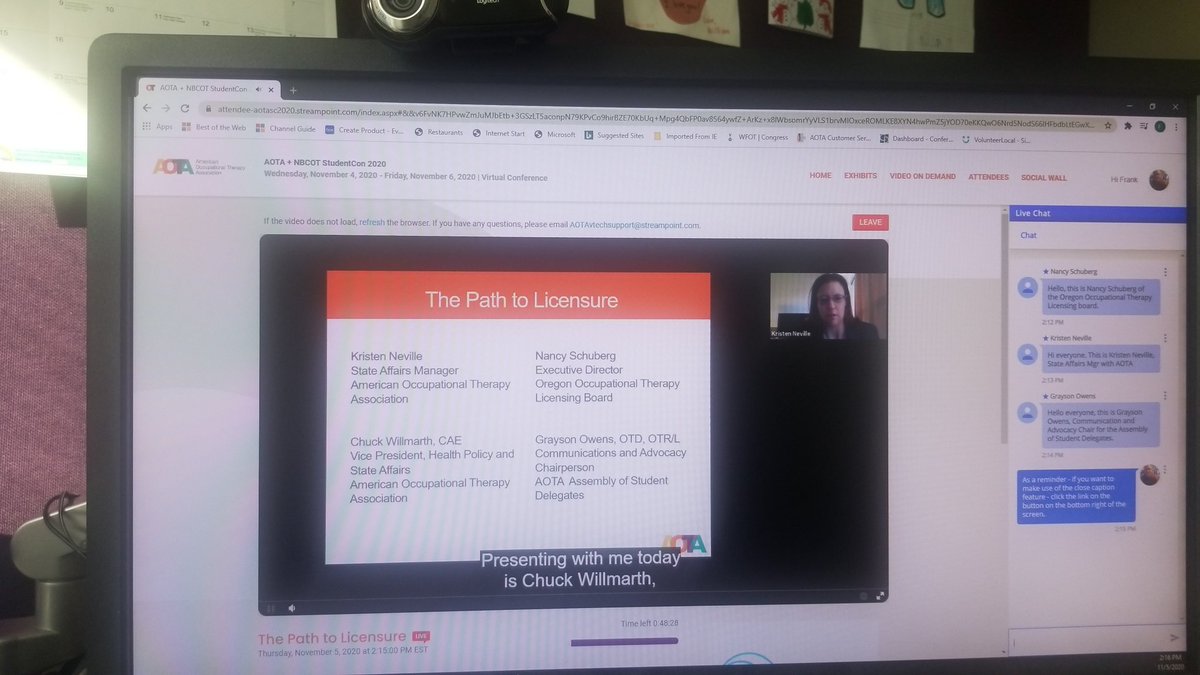 frankaota's tweet photo. Loving AOTA's new virtual platform. @KNevilleAOTA speaking on licensure. #AOTAStudentCon https://t.co/15buBAJpIE