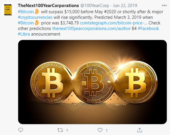 100YearCorp's tweet photo. Public post &amp; proof regarding pinned post. Scroll down to l👀k @ June 22, 2019 #tweet. It's substantiating evidence of #bitcoin prediction. Check out June 26 prediction &amp; more here https://t.co/PX4VbEQpUw Another reason to buy the #book "Predicting The Next 100 Year Corporations" https://t.co/tjKLxqlxxc