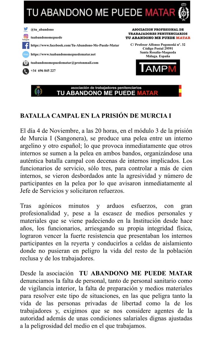 TAMPM_Murcia's tweet photo. Grave altercado en Murcia I, batalla campal entre internos de diferentes nacionalidades,tanto la seguridad de los trabajadores como la de los propios internos se vio comprometida debido a la agresividad e intensidad de la pelea. #SOSPRISIONES #TuAbandonoMePuedeMatar @tu_abandono https://t.co/F9eyhkVQJ9