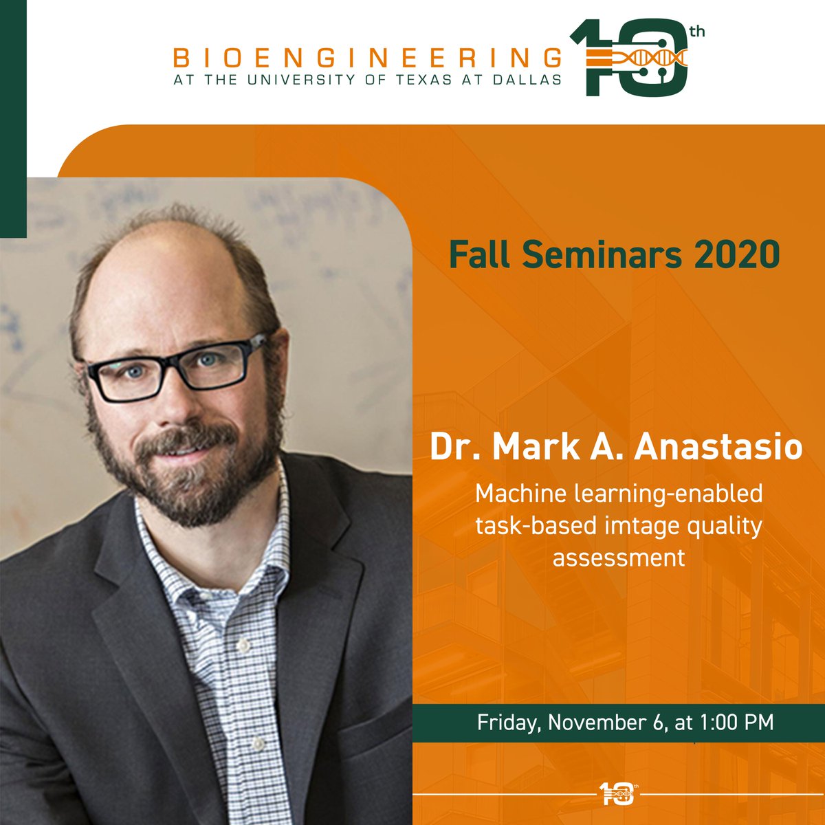 bme_utd's tweet photo. Join us tomorrow, Friday, 11/06, at 1:00 PM in our Fall Seminar Series.
Dr. Mark A. Anastasio will discuss Machine learning-enabled task-based image quality assessment.
Learn more : https://t.co/RMQGfzwI4D
#utdbioe #utdallas #seminars #bioengineering #research https://t.co/NyGSx9GHOC