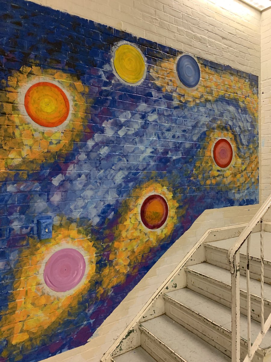 thkrupajr's tweet photo. ⁦⁦@hvrhs⁩ life skills art students have redecorated the music room with a Van Gogh style mural. The planets are old records! https://t.co/F76Ywv3gU7