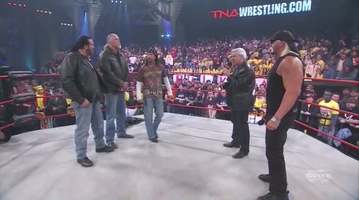 so the NWO is all here and the 3 cool ones are like "hey lets do cool NWO shit again and take over" but hulk and bish are all "no we decided we don't wanna kill the company this time"  #tna10