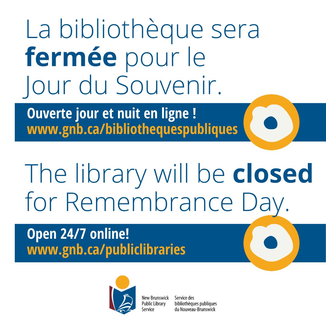 Prennez en note, la bibliothèque sera fermée le mercredi 11 novembre. / Please note that the Library will be closed, Wednesday November 11th.