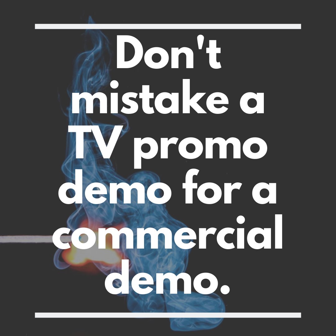 voiceovervixen's tweet photo. A commercial is a commercial whether it's used for radio or TV. A television promo demo consists of promo work recorded for local and national TV networks, station affiliates, and news dailies. This demo also includes cable TV promo work, either local or national. #VO101 https://t.co/7Ho7jabaKv