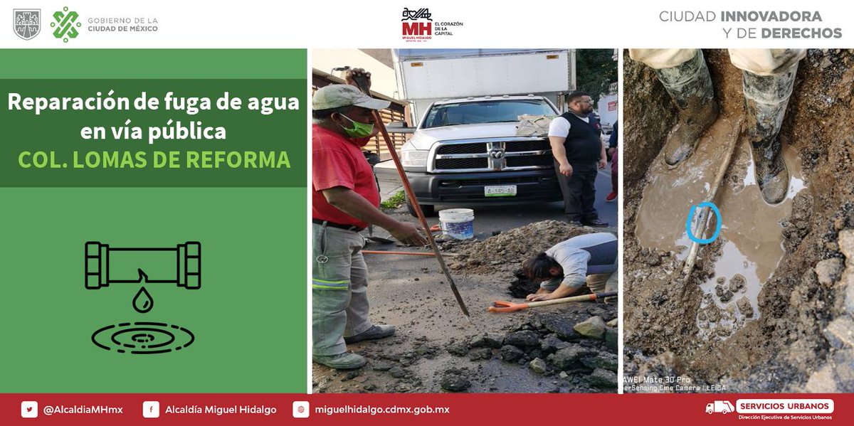 OlaMHmx's tweet photo. Gracias al reporte de vecinas y vecinos de la colonia #LomasDeReforma evitamos el desperdicio de agua con la reparación de fuga de #AguaPotableMH en la calle Alcazar de Toledo #230 en la @AlcaldiaMHmx.
#MHelCorazónDeLaCapital https://t.co/vm0Jha7B0U