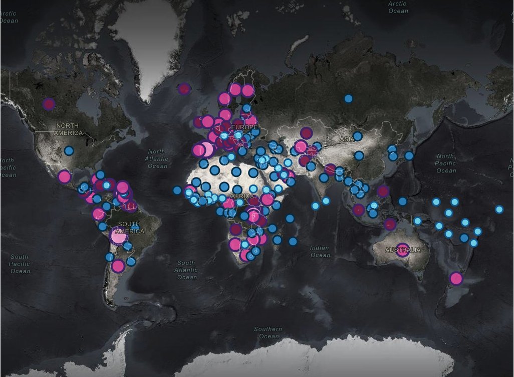 The map shows the most recent percentage of female parliament members (updated monthly).