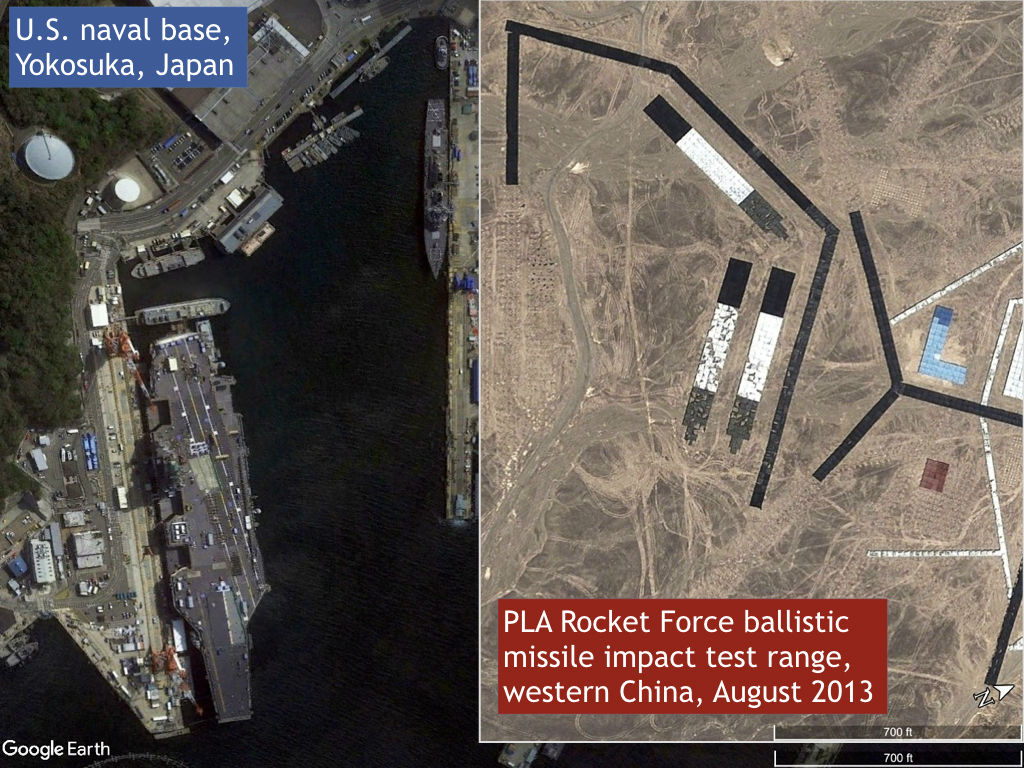 ...and perhaps hold US CVNs at arm's length from China's coast.But as early as 2017 we knew that China was practicing to use that missile force specifically against U.S. bases in Asia, because they *showed us* with full-scale practice targets that were mirror images of them: