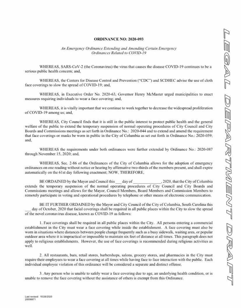 CityofColumbia's tweet image. Mayor Steve Benjamin and Columbia City Council has unanimously amended the emergency ordinance extending face mask coverings. 

It is important to note that not only has the penalty increased but the circumstances where masks are required.

 #WeAreColumbia