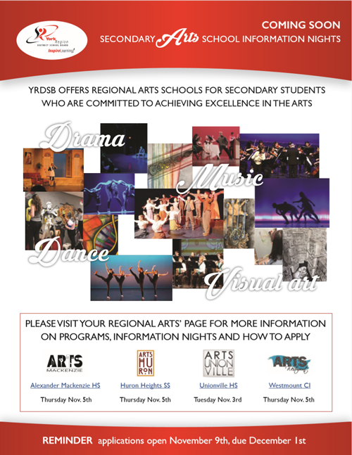 YRDSB's tweet image. REMINDER: three #YRDSB secondary arts schools are hosting online information sessions tonight, Nov 5,  for Grade 8 students interested in the specialized arts program: ow.ly/3K9h30riHnq 

#SparkCreativityYRDSB