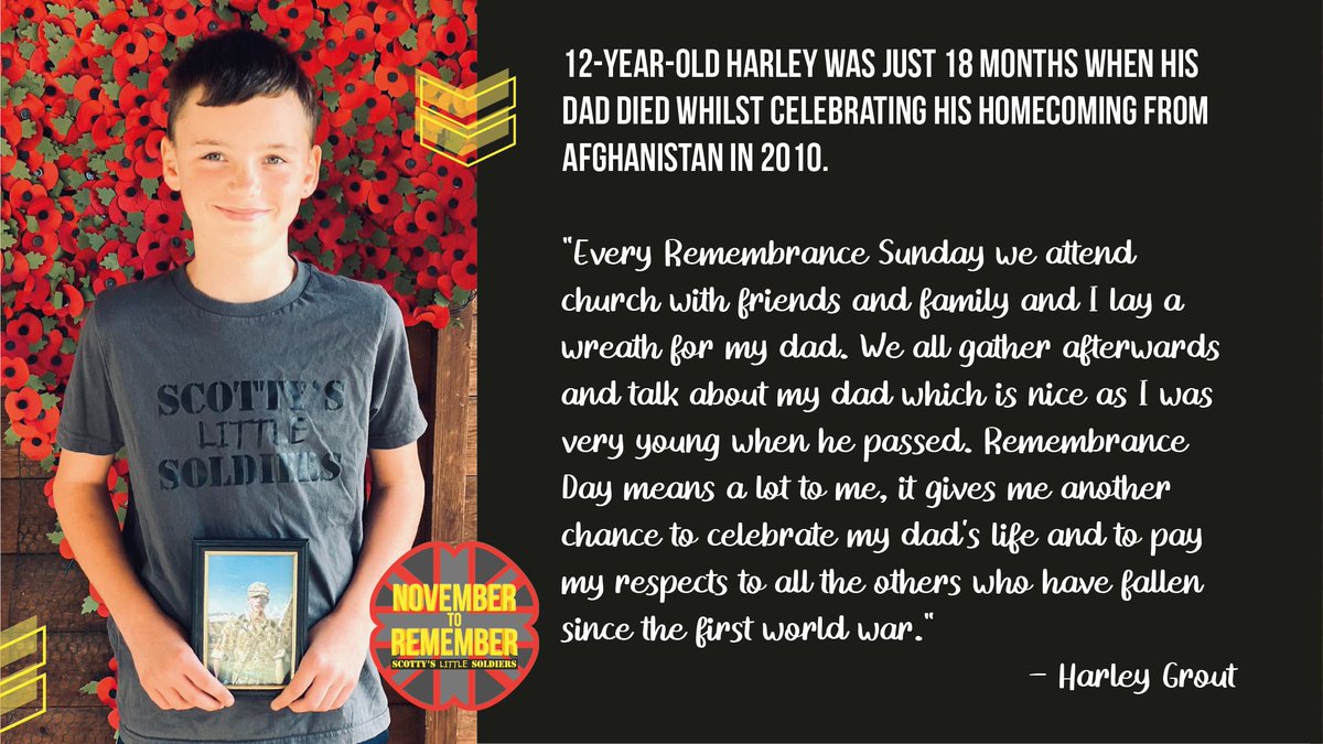 12 year old Harley was just 18 months old when his dad died whilst on his homecoming from Afghanistan. For families like Harley's, every day is Remembrance Day. Find out more about our November to Remember campaign at scottyslittlesoldiers.co.uk/november-to-re… #Remember #Remembrance