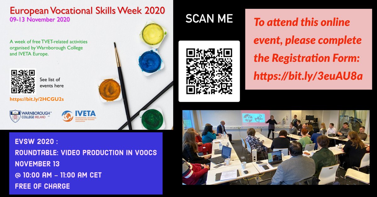 Warnborough's tweet photo. #EVSW2020 Roundtable: Video Production in VOOCs
November 13
@ 10:00 am - 11:00 am CET
FREE *to attend please register online
#ivetaeurope #IVETAEU #WarnboroughCollege #education #freewebinar #skills #evsw #evsweek2020 https://t.co/hviqAwwDUj
