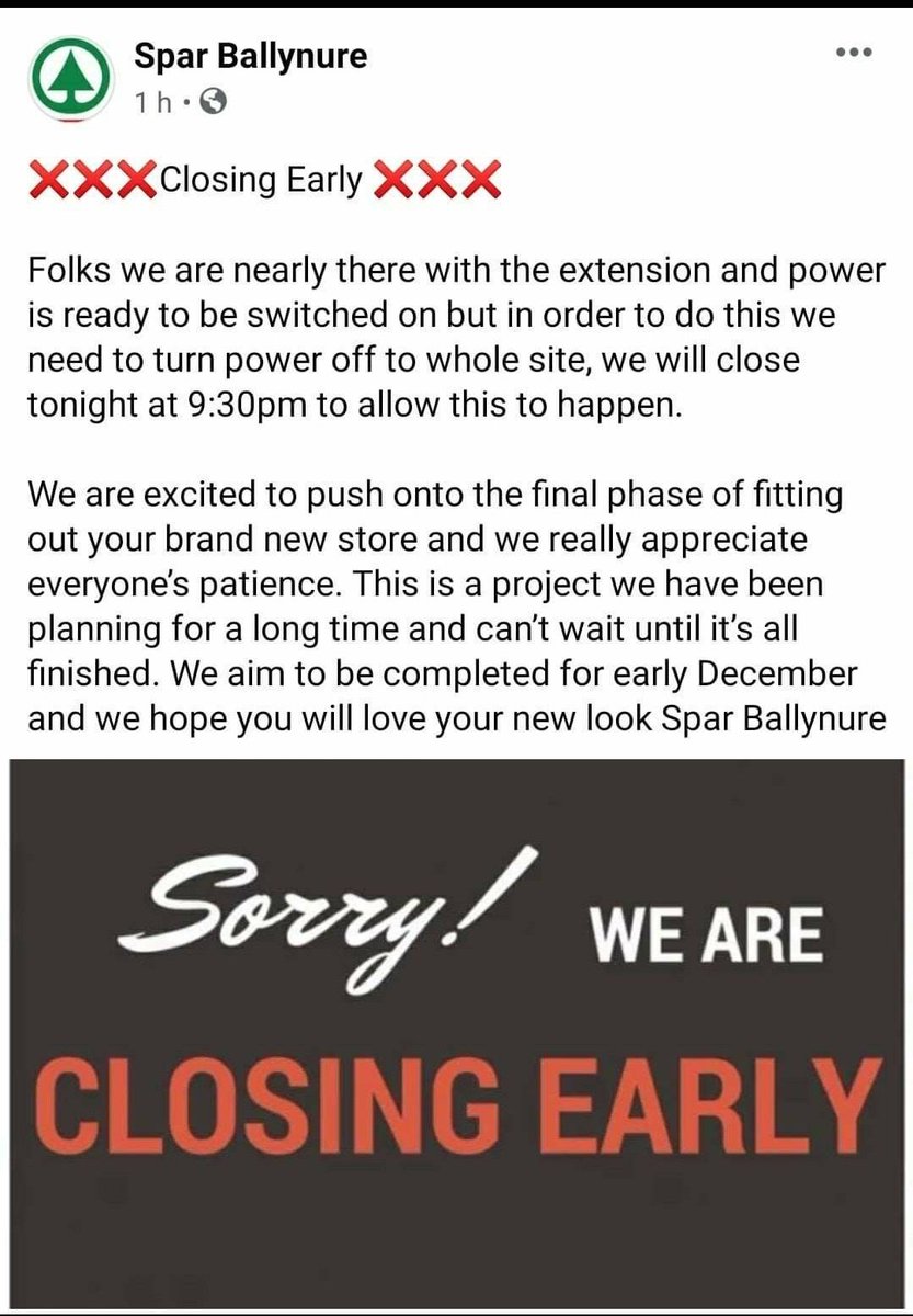Early closing for the garage tonight. Looking forward to the new Spar Ballynure being ready in December 🤗 #better_in_ballynure
