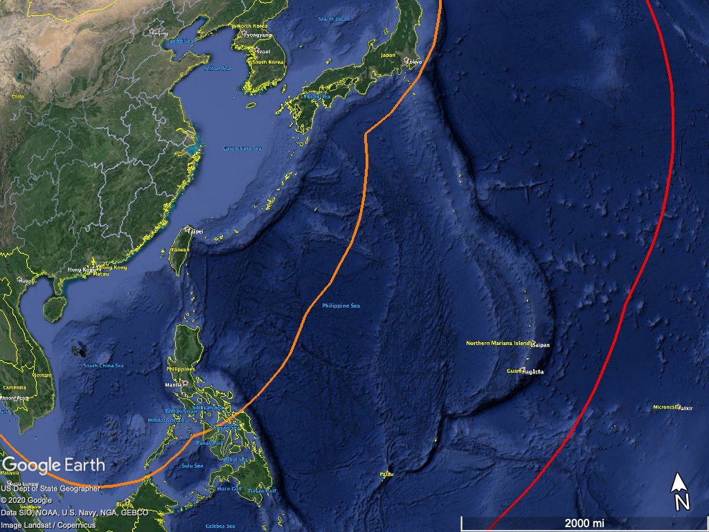 The idea that a force this large, capable of striking over such a long range (see the red arcs), would be intended for mere "offshore waters" defense, or disputed claims of sovereignty with China's neighbors, seems absurd IMO.