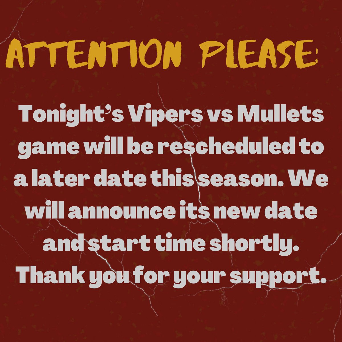 MulletsJrHockey's tweet photo. ‼️Attention Please‼️
•
•
Tonight’s game against the Rochester Vipers will be rescheduled to a later date and time this season. Thank you! https://t.co/wYldu8nhHR