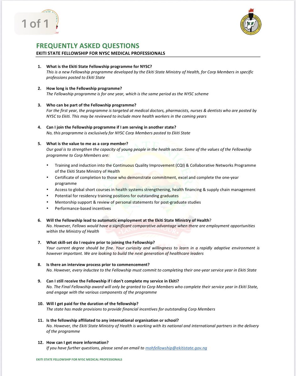 OurFavOnlineDoc's tweet photo. I had a chat with the Commissioner of Health in Ekiti State. This is good news.

If you are a NYSC member about to be posted to Ekiti; If you are a doctor, a nurse, dentist or pharmacist, please come close.

There’s a State Sponsored Fellowship Certificate for you. RT for others. https://t.co/KjEc5G9ZG0