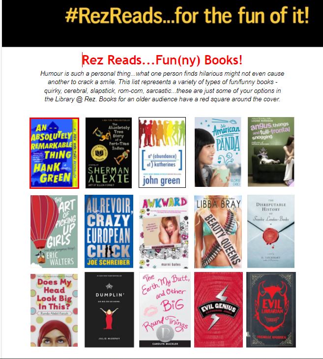 rcsslibrary's tweet photo. Two new #RezReads lists posted on the library's web site:  "Funny books" and "Magic, Myth &amp; the Supernatural". As we head into the end of the Quadmester, time for some reading just for fun...a perfect way to de-stress!  https://t.co/58Y1Uuofbb @ResCSS https://t.co/vzmSXOGh53
