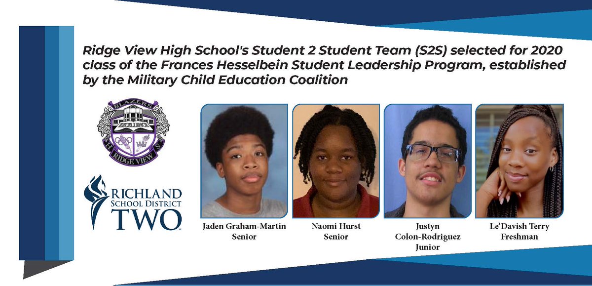 RichlandTwo's tweet photo. CONGRATS! RIDGE VIEW STUDENTS SELECTED FOR LEADERSHIP BUILDING PROGRAM

@rvhs's four student leaders are Seniors Jaden Graham-Martin and Naomi Hurst, Junior Justyn Colon-Rodriguez and Freshman Le’Davish Terry.

Read more here: https://t.co/7hr8nFarBY
#PremierStartsHere https://t.co/nTIvrbWR8A