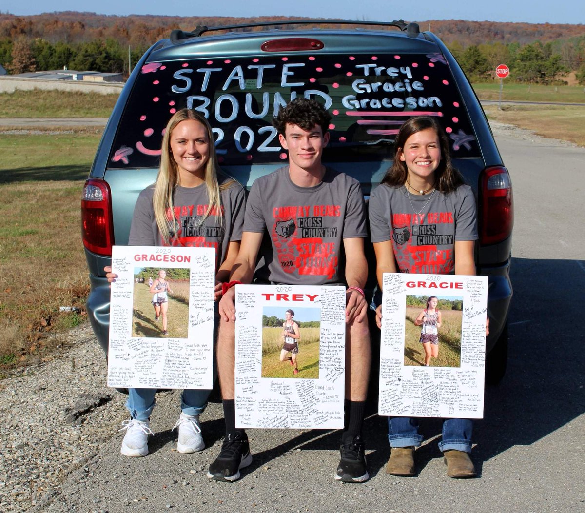 SuptMarkDHedger's tweet photo. It was a fun school wide send off for Gracie, Graceson, and Trey as they left for the Missouri State Cross Country Championships today. They will compete tomorrow in Jefferson City. Good luck to our athletes and coaches! https://t.co/tQeAkb1DsL