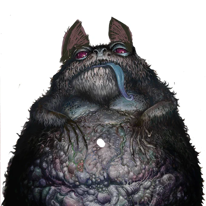 過去絵。
ツァトゥグァ。
耳の形の解釈で、蝙蝠の翼風にしたものと、蝙蝠の耳の形にしたもの。
後者のほうがそれっぽいですかね。 