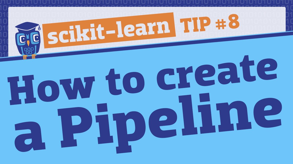 justmarkham's tweet photo. π€β‘ NEW VIDEO:
Use Pipeline to chain together multiple steps
Click to watch (3 min):
π https://t.co/YzuTypcYo5 π
Get email notifications of new videos:
π https://t.co/0J3eftQcIv π
New videos every TUESDAY & THURSDAY!
#sklearntips #MachineLearning #Python #DataScience https://t.co/hVWZE1yCcK